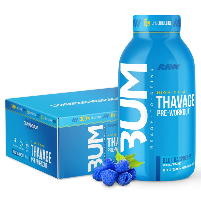 RAW Raw Bum Thavage Rtd Pre-workout 12 Oz/ 12 Pack Blue Raspberry