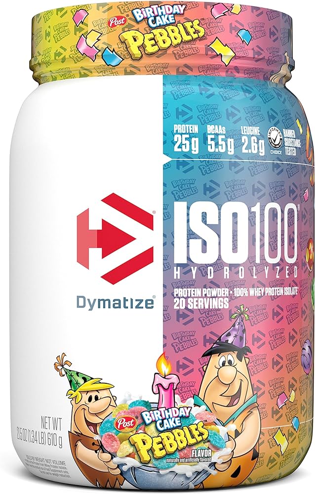 Dymatize Nutrition – Dym ISO 100 1.3 lb 20 Porciones Birthday Cake Pebbles
