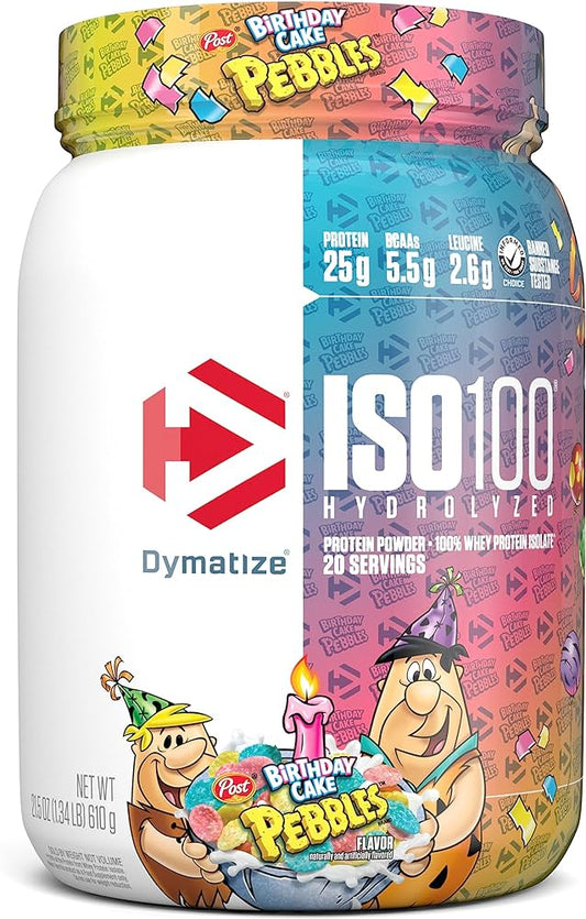 Dymatize Nutrition – Dym ISO 100 1.3 lb 20 Porciones Birthday Cake Pebbles